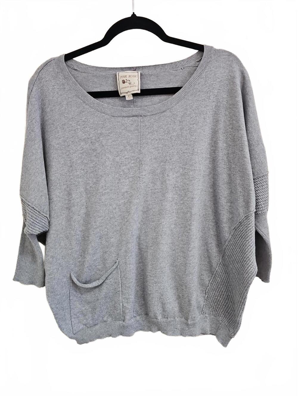 Pink Rose Womens Gray Pullover 3/4 Sleeve Sweater Waffle Detail Pocket Sz M
